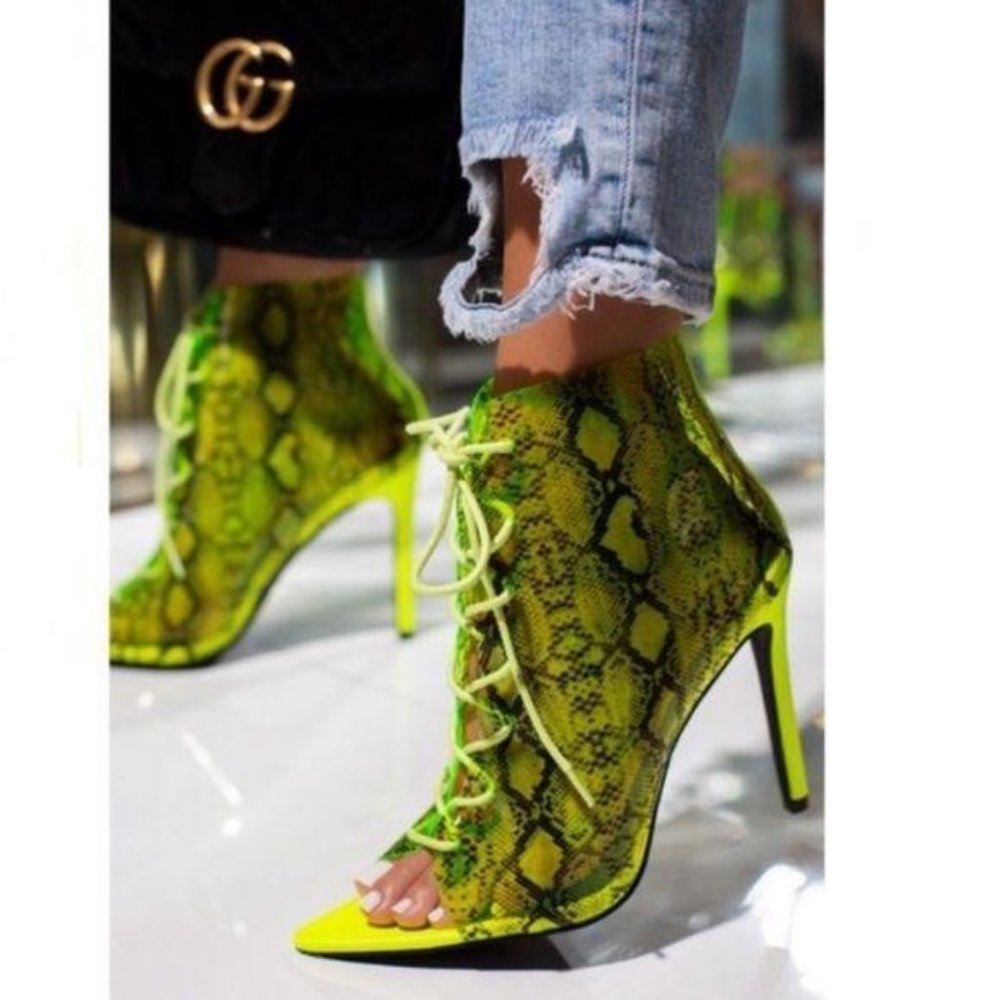 Transparent Lace Up Pep Toe Booties in Lime Snake